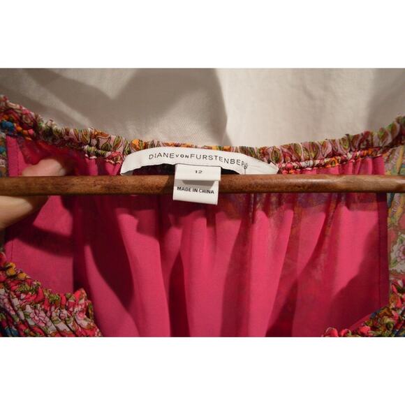 Diane Von Furstenberg Peasant Silk Dress Smocked Multi Floral Parry Sz 12 Womens - Picture 9 of 10